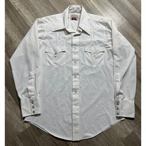 Vtg H BAR C Western Shirt Mens Wagon Wheel Pearl‎ Snap Permanent Press White